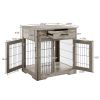 JHX Furniture Style Dog Crate End Table with Drawer; Pet Kennels with Double Doors ; Dog House Indoor Use; (Grey; 29.92'w x 24.80' d x 30.71'h)